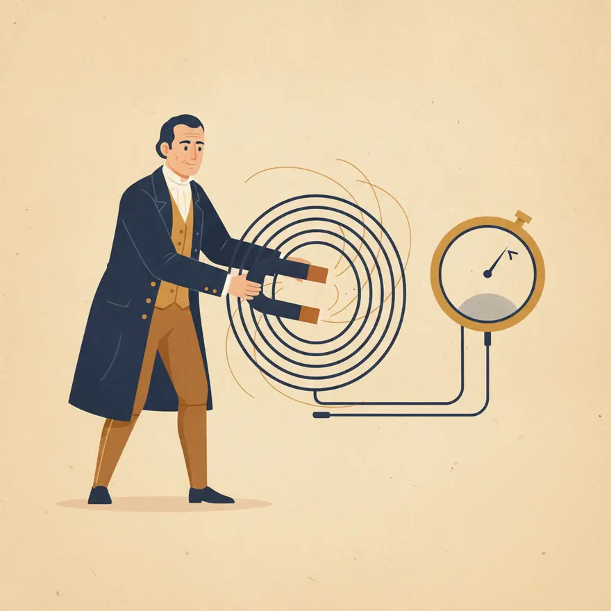 Faraday moves a magnet through a coil and generates a current.