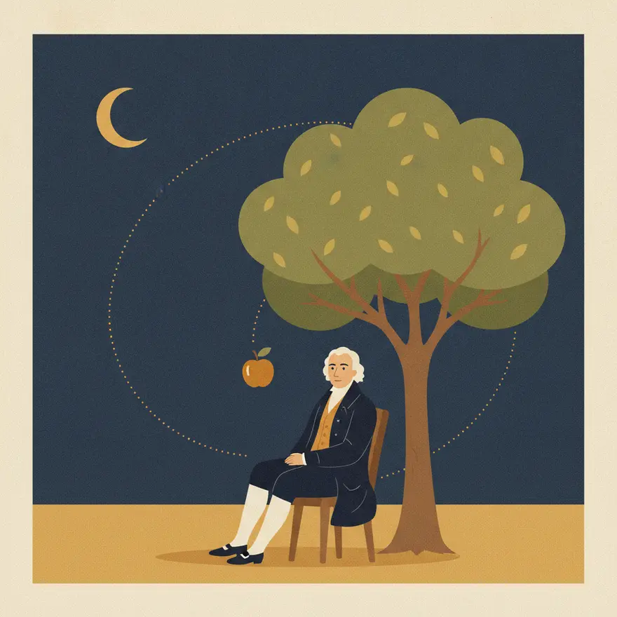 Newton links the falling apple to the orbiting Moon under one law of gravity.